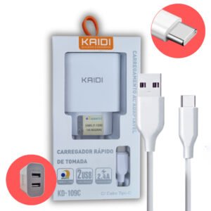 Carregador 2 USB 2.4A Com Cabo Type C Kaidi KD-109C