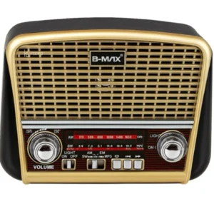 Rádio Retrô Portátil B-MAX Multibanda AM/FM/SW com USB, SD, MP3 e Bateria Recarregável e lanterna